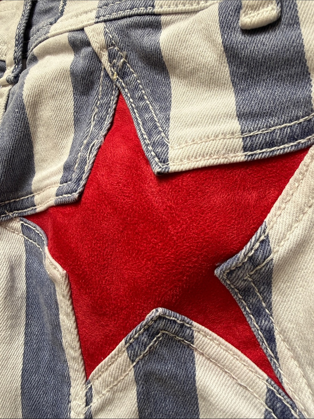 Free People Blue & White Striped Flare Jeans with Red Star Back Patches - Picture 3 of 8